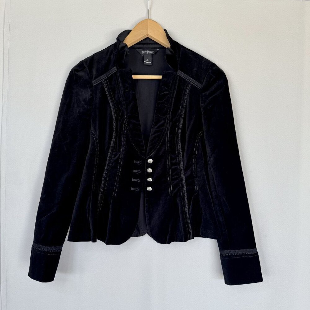Y2K WHBM Black Stretch Velvet High Collar Silver Button Military Blazer Size 4 - Picture 3 of 17